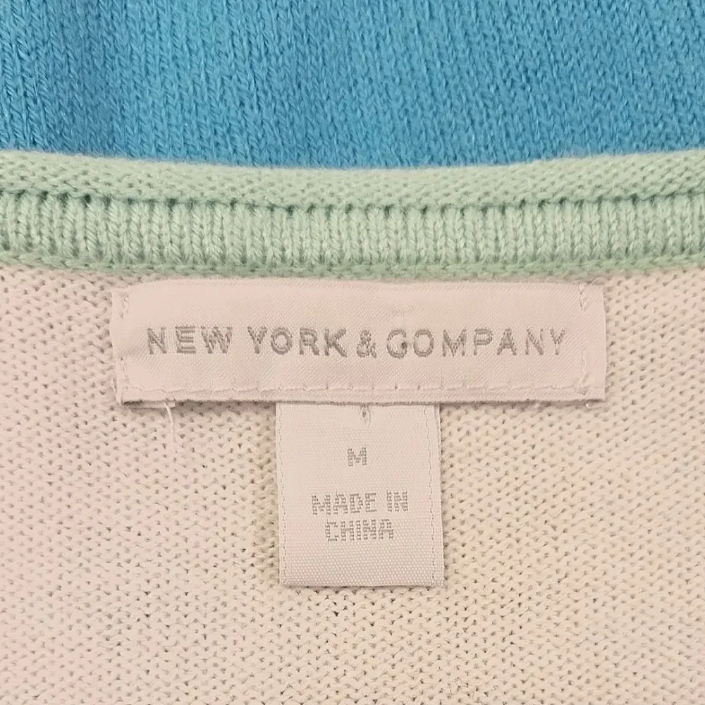 New York & Company Green  Color Block V-neck Long Sleeve Lightweight Sweater